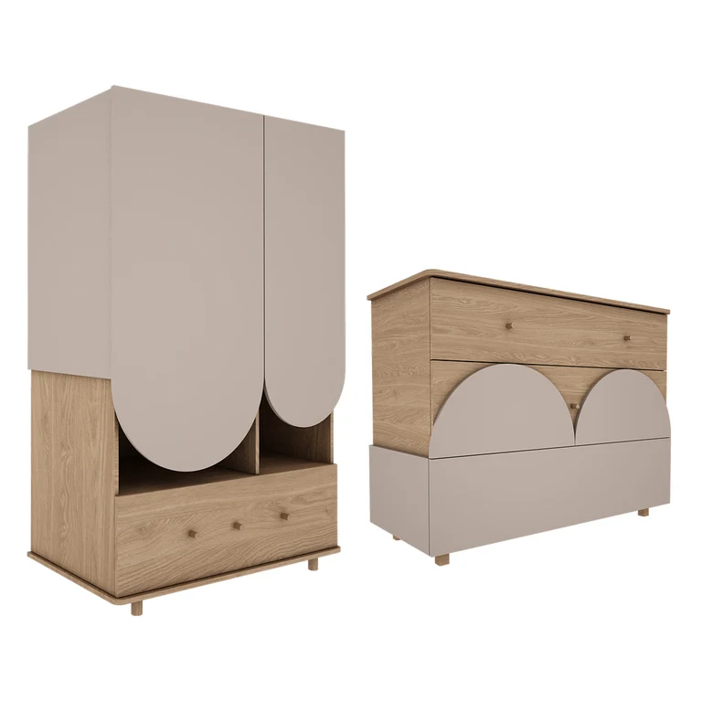 Commode 3 tiroirs et armoire 2 portes 1 tiroir Wood Luck Bloom - Cachemire et Bois
