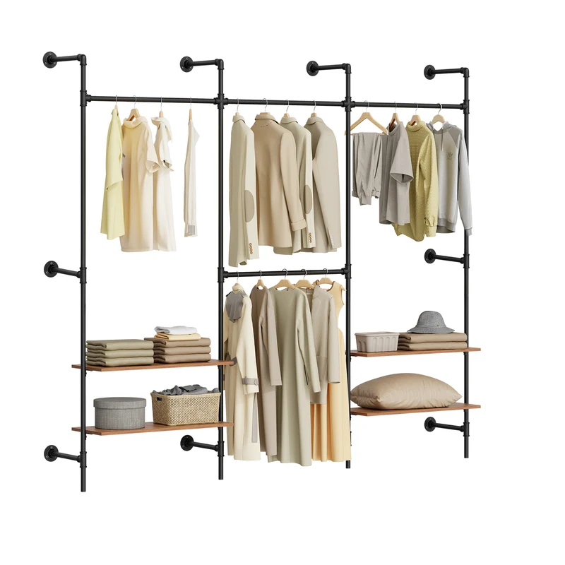 SoBuy KLS19-SCH Portant à Vêtements Mural 265cm, 4 Tringles et 4 Étagères MDF, Charge 120 kg, Fixation Murale et Sol – 265x48x220 cm, Industriel Noir