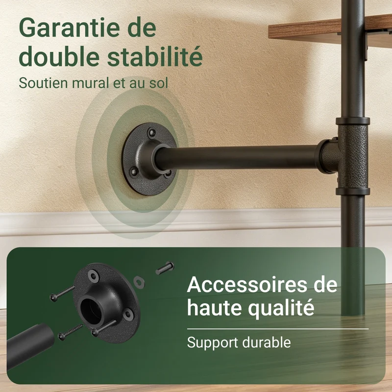 SoBuy KLS19-SCH Portant à Vêtements Mural 265cm, 4 Tringles et 4 Étagères MDF, Charge 120 kg, Fixation Murale et Sol – 265x48x220 cm, Industriel Noir