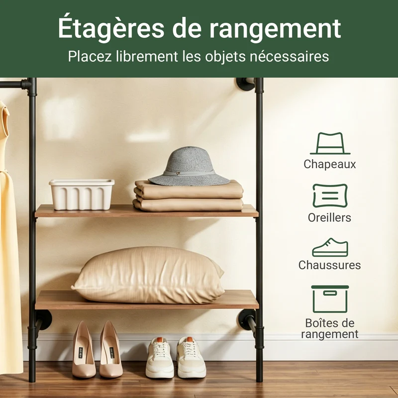 SoBuy KLS19-SCH Portant à Vêtements Mural 265cm, 4 Tringles et 4 Étagères MDF, Charge 120 kg, Fixation Murale et Sol – 265x48x220 cm, Industriel Noir