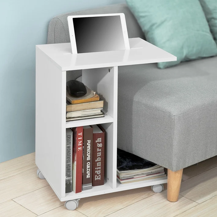 SoBuy FBT48-W Table d'appoint C-Fonctionnelle avec 2 étagères de Rangement & Support pour Tablette, Table Basse Moderne sur roulettes, Blanche