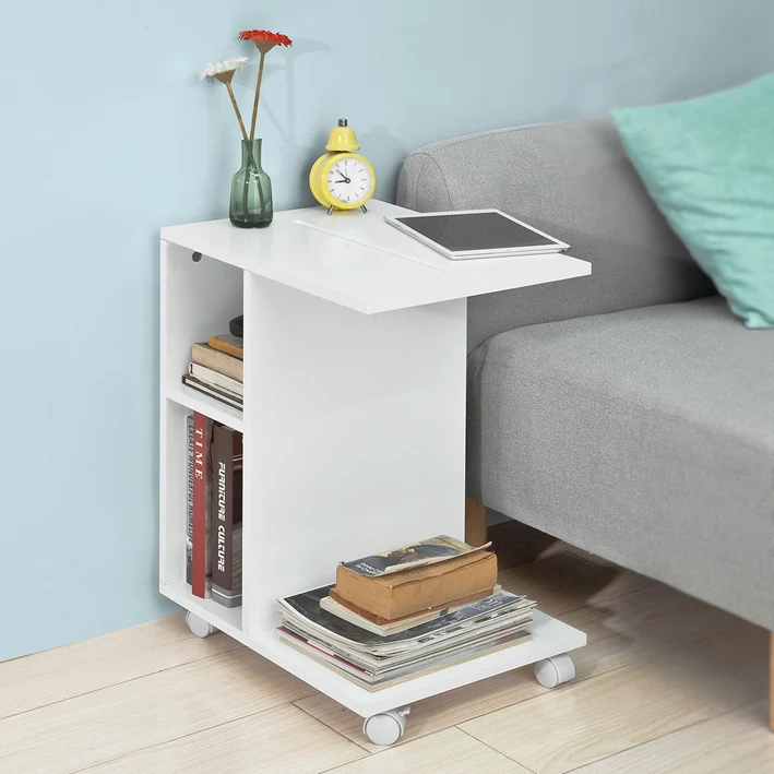 SoBuy FBT48-W Table d'appoint C-Fonctionnelle avec 2 étagères de Rangement & Support pour Tablette, Table Basse Moderne sur roulettes, Blanche