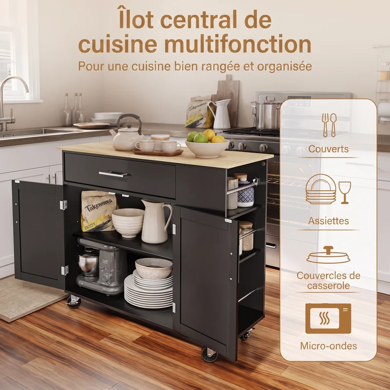 SoBuy FKW133-SCH Desserte de Cuisine à Roulettes – Plan Bois 99 cm, Tiroir, Placard 2 Portes, 3 Étagères, 75 kg | Noir