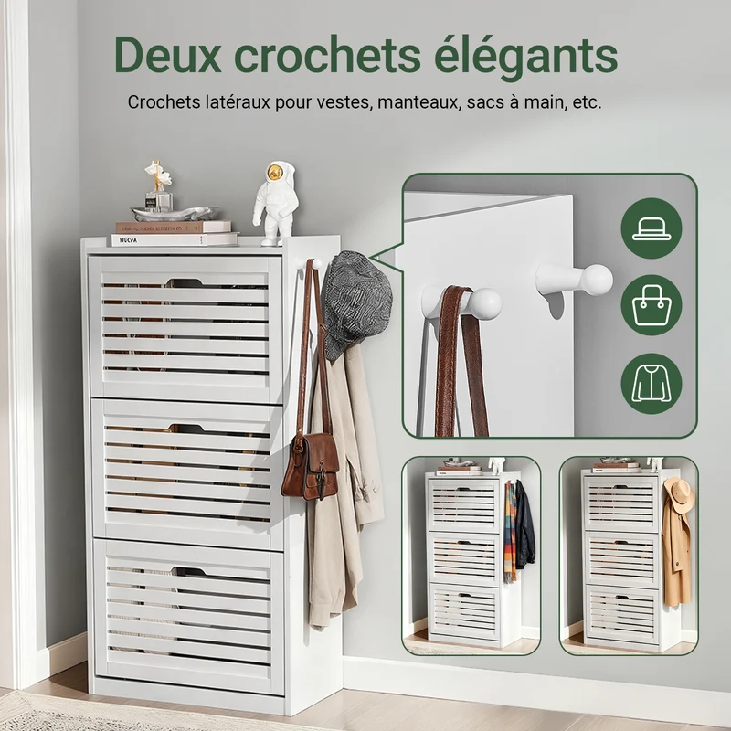 SoBuy FSR108-W Armoire à Chaussures 3 Abattants avec 2 Crochets et Porte-Manteau – 55×30×112 cm, 45 kg, MDF + Bambou, Blanc