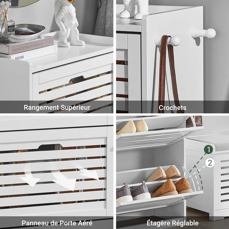 SoBuy FSR108-W Armoire à Chaussures 3 Abattants avec 2 Crochets et Porte-Manteau – 55×30×112 cm, 45 kg, MDF + Bambou, Blanc