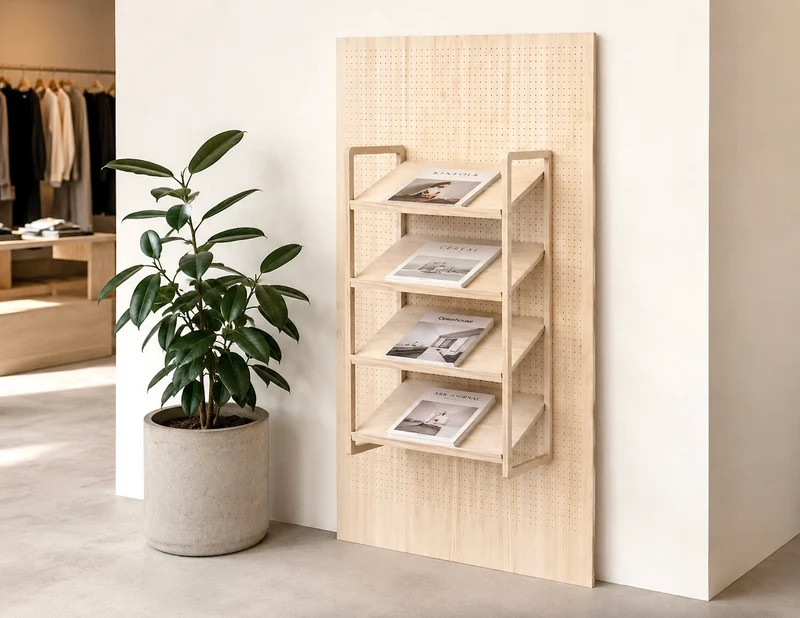 Pegboard XL 147x250 cm en bouleau 15 mm + étagère inclinée à rebords – panneau perforé