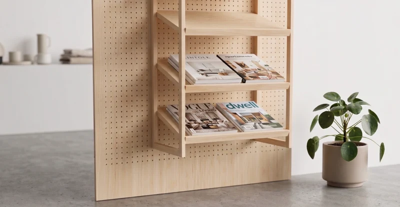 Pegboard XL 147x250 cm en bouleau 15 mm + étagère inclinée à rebords – panneau perforé