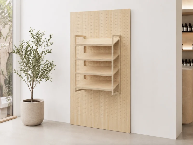 Pegboard XL 147x250 cm en bouleau 15 mm + étagère inclinée à rebords – panneau perforé