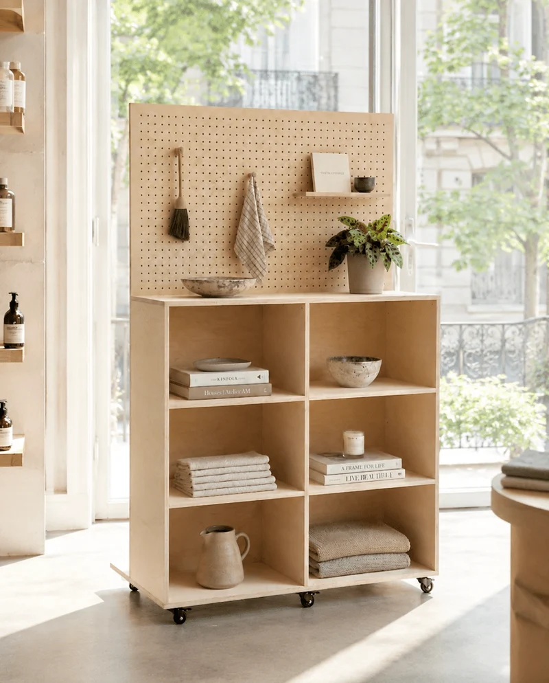 Présentoir pegboard double face sur mesure – vitrine mobile retail sur roulettes