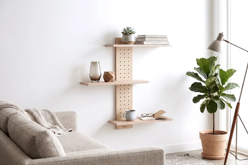 Pegboard vertical 12x69 cm + 3 tablettes frêne – étagère murale panneau perforé