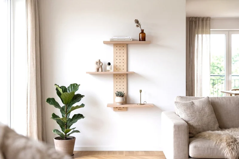 Pegboard vertical 12x69 cm + 3 tablettes frêne – étagère murale panneau perforé