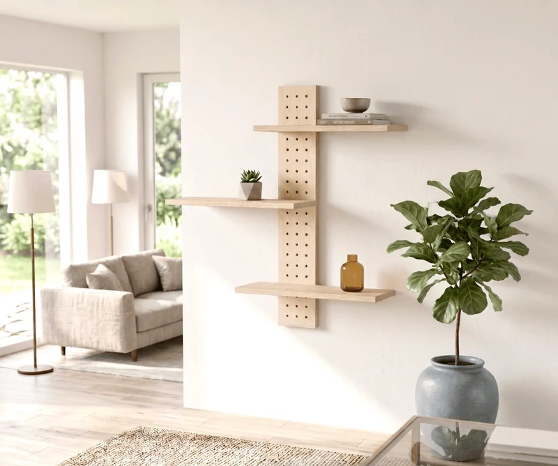 Pegboard vertical 12x69 cm + 3 tablettes frêne – étagère murale panneau perforé