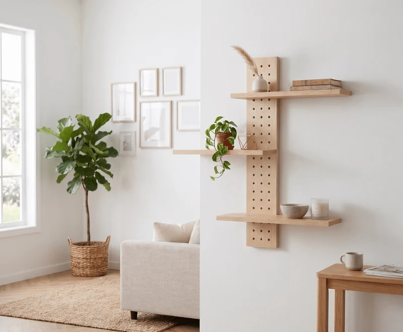 Pegboard vertical 12x69 cm + 3 tablettes frêne – étagère murale panneau perforé