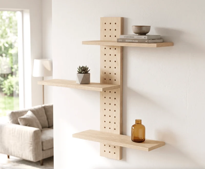 Pegboard vertical 12x69 cm + 3 tablettes frêne – étagère murale panneau perforé