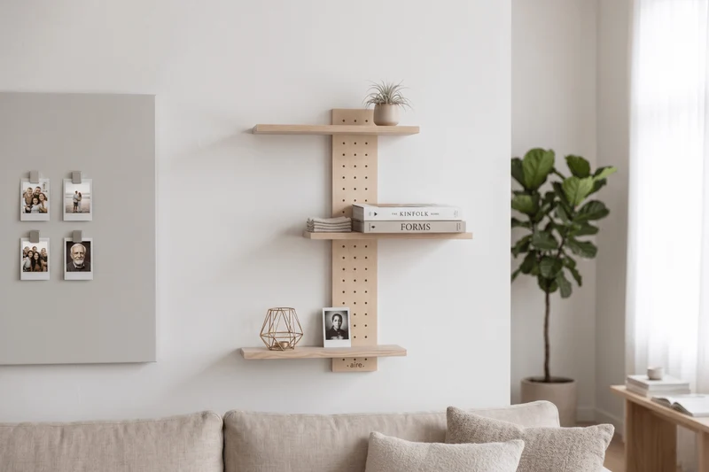 Pegboard vertical 12x69 cm + 3 tablettes frêne – étagère murale panneau perforé