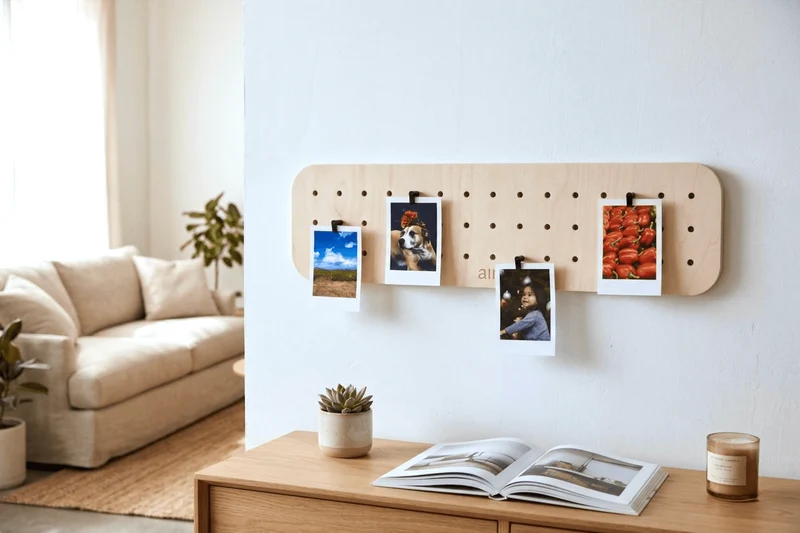 Pegboard porte-photos 48x12 cm – panneau perforé mural avec 5 pinces