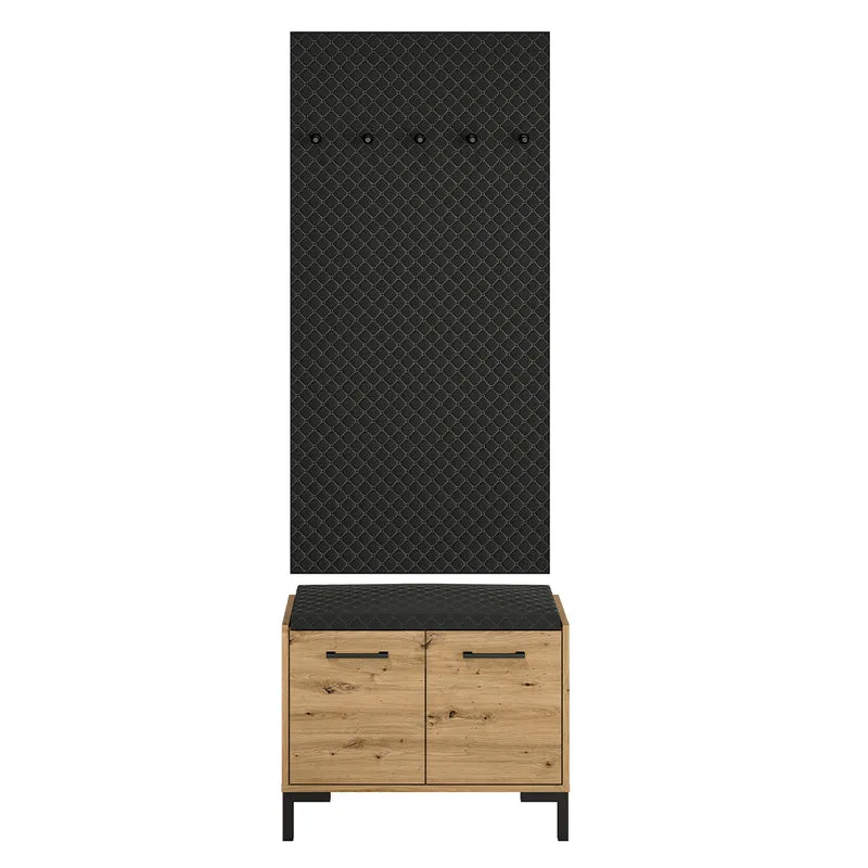 Meuble entrée porte-manteau et banc à chaussures 2 portes Liora Bois et Noir