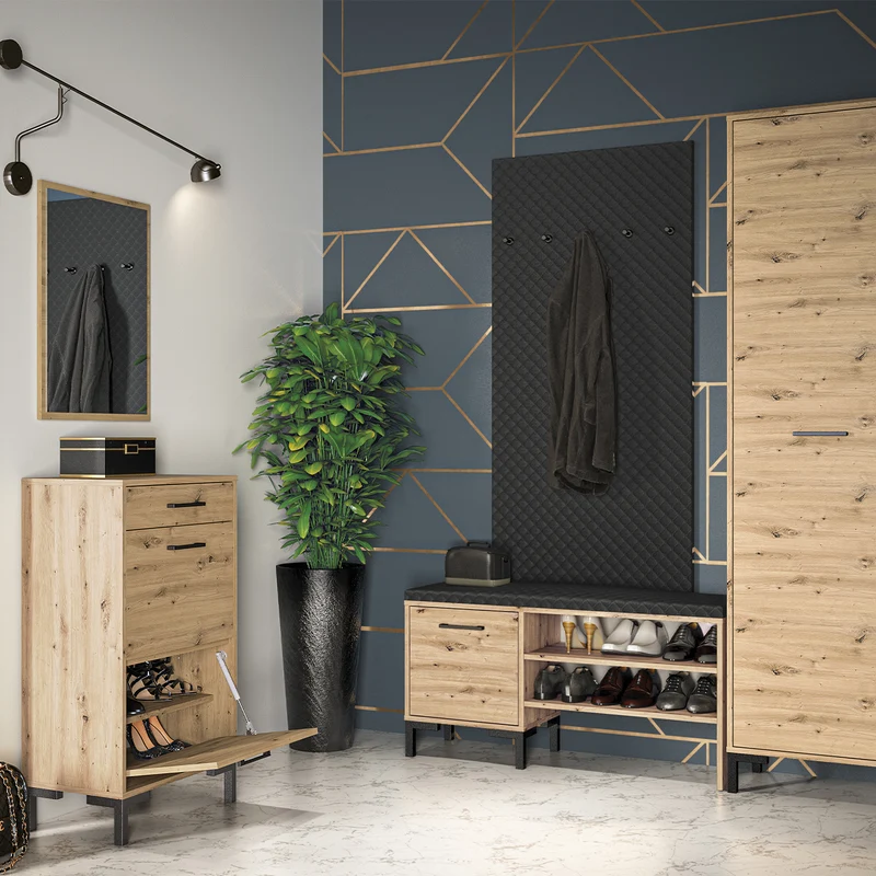 Meuble entrée porte-manteau et banc à chaussures 1 porte Liora Bois et Noir