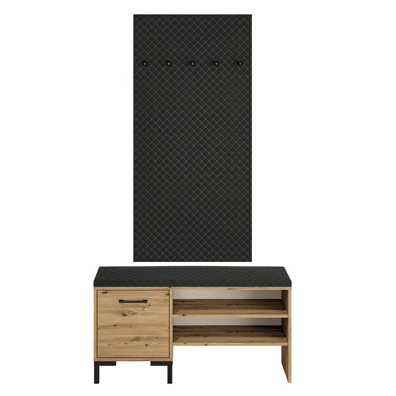 Meuble entrée porte-manteau et banc à chaussures 1 porte Liora Bois et Noir