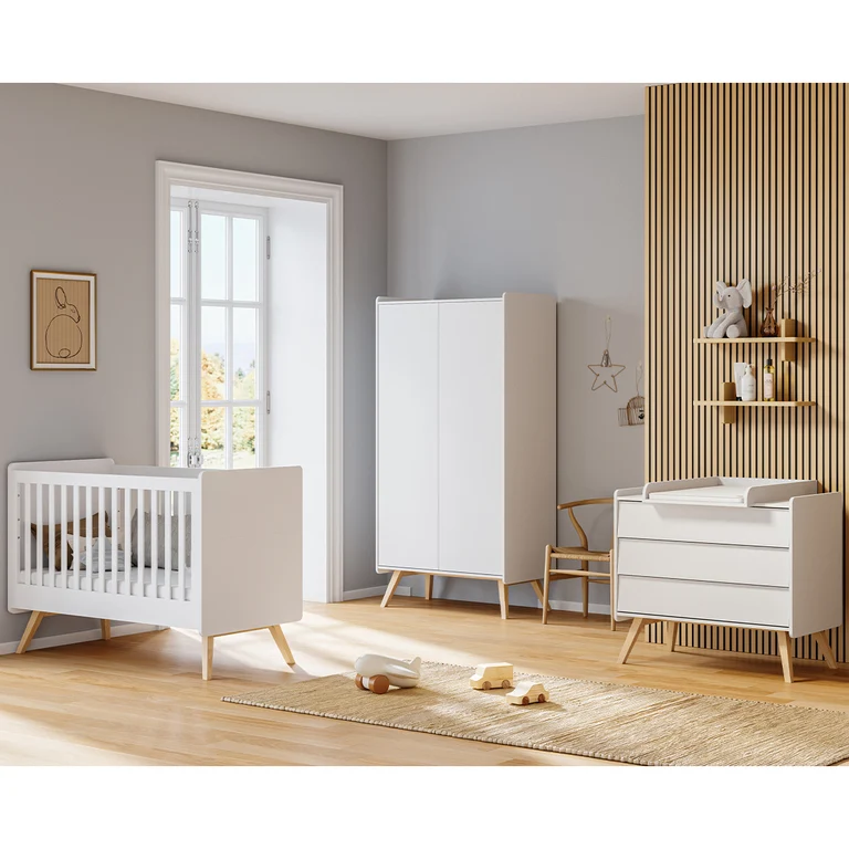 Lit bébé 60x120 et commode 3 tiroirs Vox Vintage Blanc et Bois