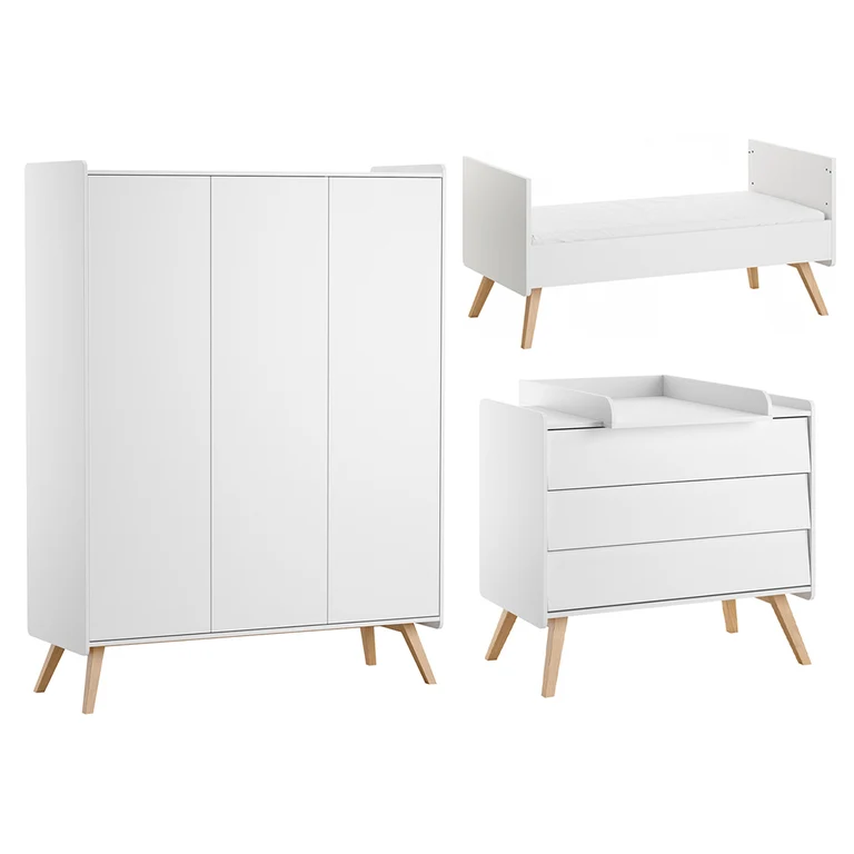 Chambre complète lit évolutif 70x140 commode à langer et armoire 3 portes Vox Vintage Blanc et Bois