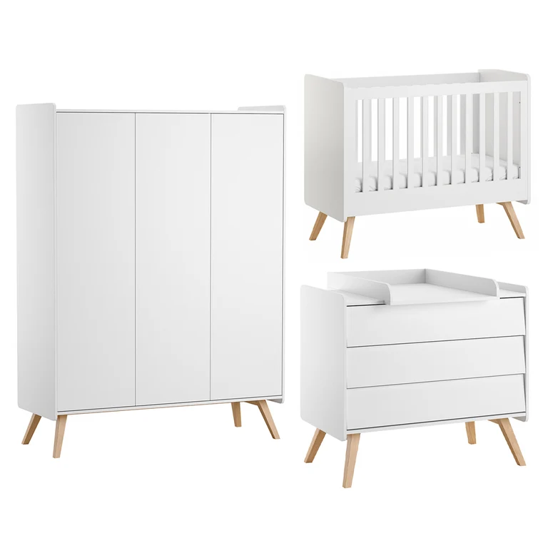 Chambre complète lit bébé 60x120 commode à langer et armoire 3 portes Vox Vintage Blanc et Bois