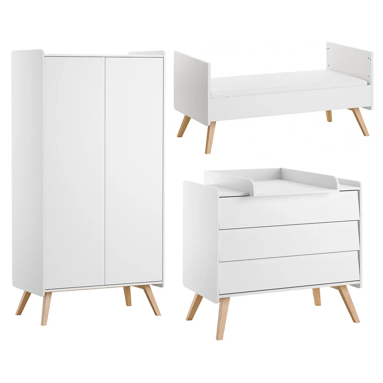 Chambre complète lit évolutif 70x140 commode à langer et armoire 2 portes Vox Vintage Blanc et Bois