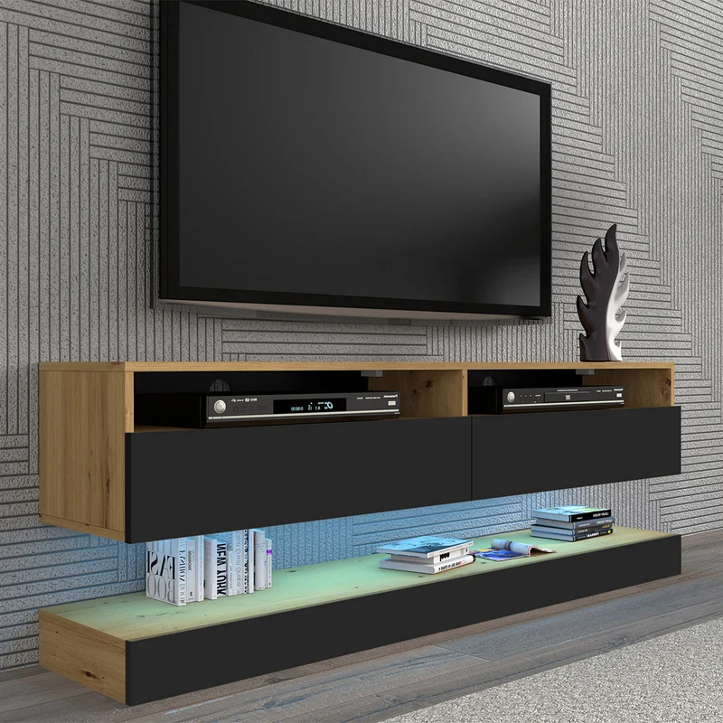 Mur TV 2 portes 160 cm Vega Bois et Noir