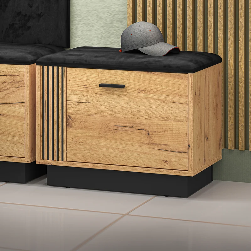 Meuble entrée porte-manteau et banc à chaussures 1 porte Nilo Bois et Noir