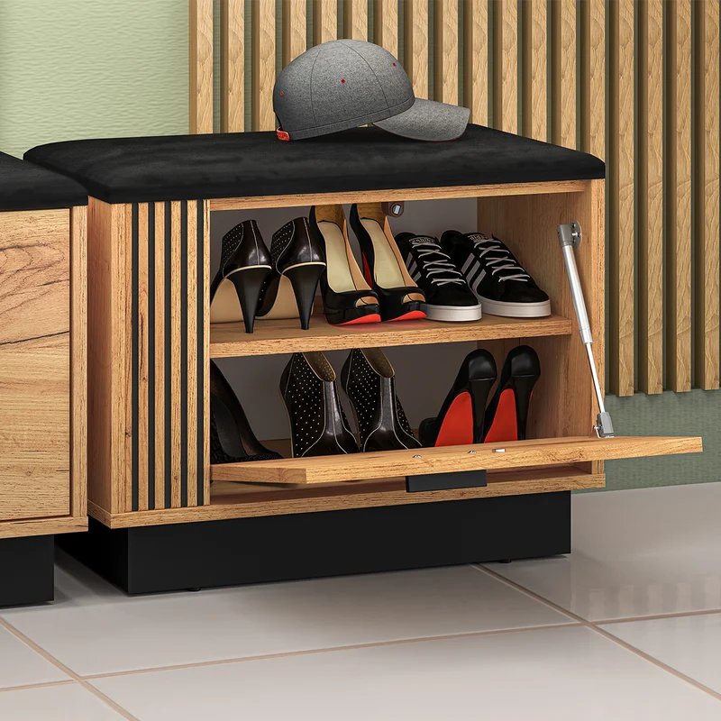 Meuble entrée porte-manteau et banc à chaussures 1 porte Nilo Bois et Noir