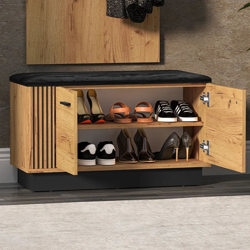 Meuble entrée porte-manteau étagère et banc à chaussures 2 portes Nilo Bois