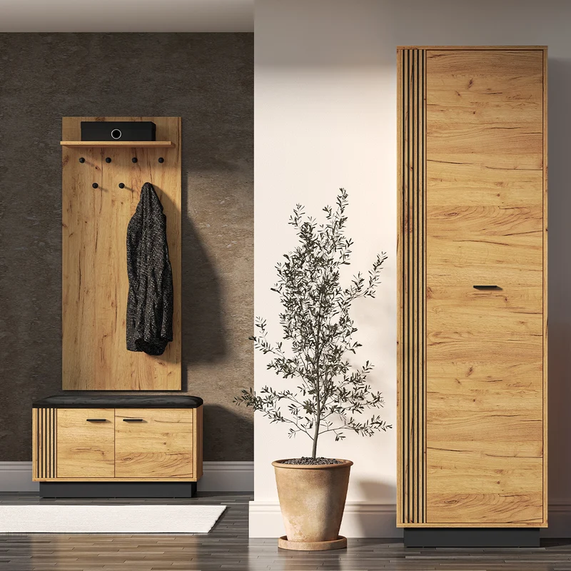 Meuble entrée porte-manteau étagère et banc à chaussures 2 portes Nilo Bois