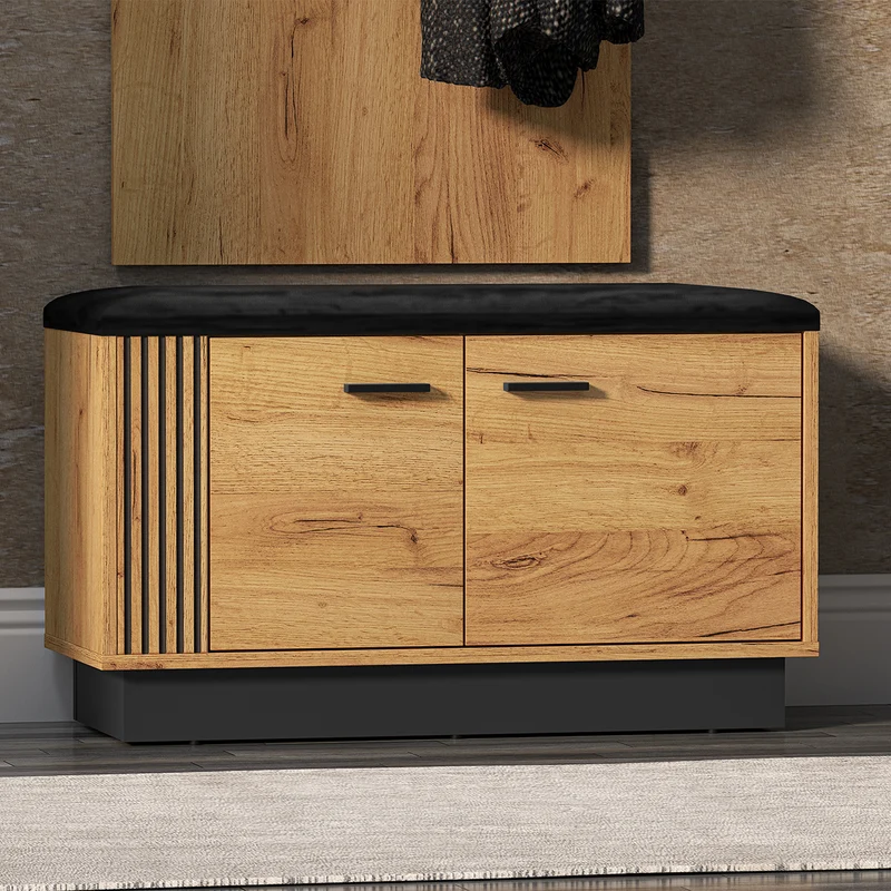 Meuble entrée porte-manteau étagère et banc à chaussures 2 portes Nilo Bois