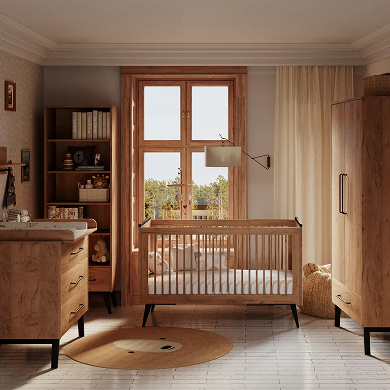 Lit évolutif 70x140 et commode 3 tiroirs Pinio Retro Bois