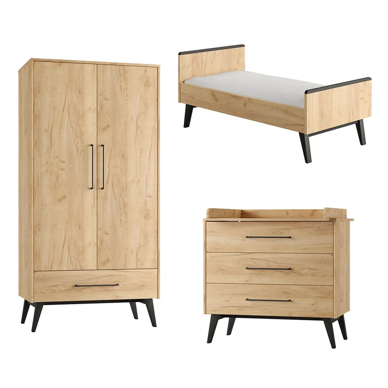Chambre complète lit évolutif 70x140 commode à langer et armoire 2 portes Pinio Retro Bois