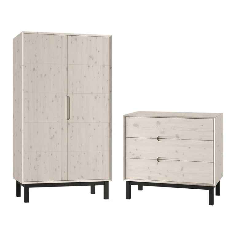 Commode 3 tiroirs et armoire 2 portes Pinio Country Bois blanchi