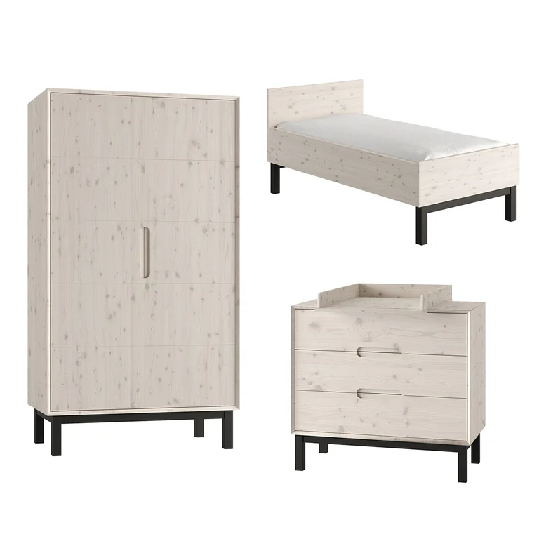 Chambre complète lit évolutif 70x140 commode à langer et armoire 2 portes Pinio Country Bois blanchi