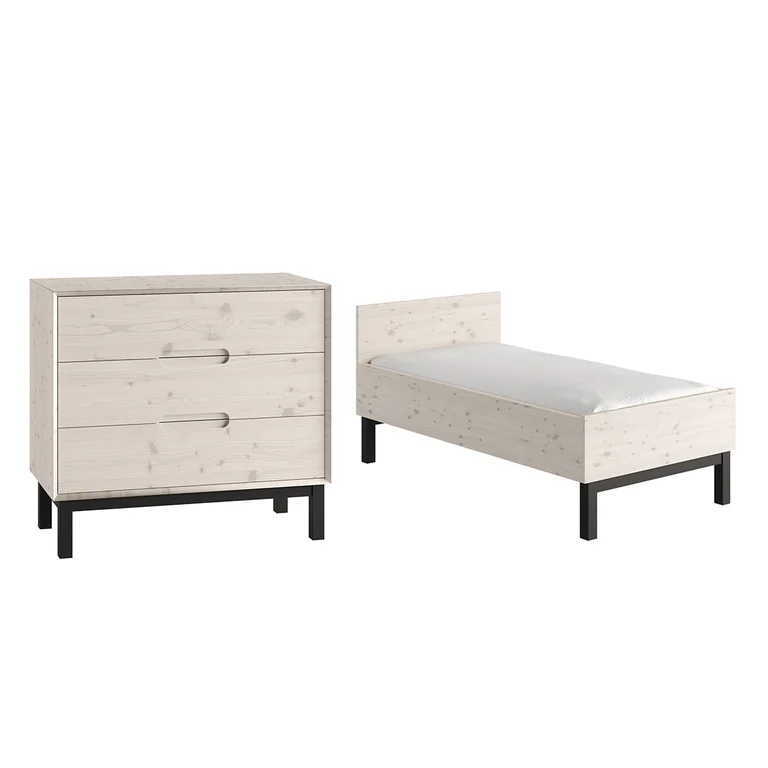 Lit évolutif 70x140 et commode 3 tiroirs Pinio Country Bois blanchi