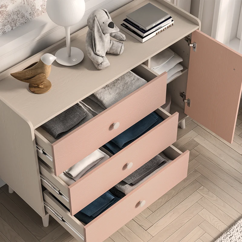 Commode 1 porte 3 tiroirs Alycia Beige et Rose