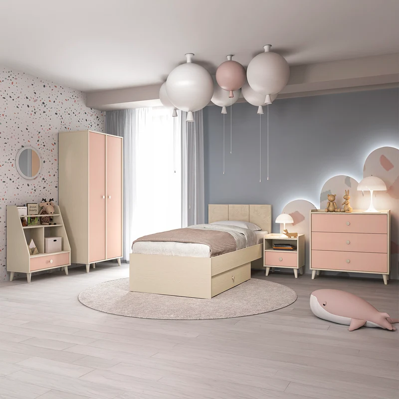Petite bibliothèque 1 tiroir Alycia Beige et Rose