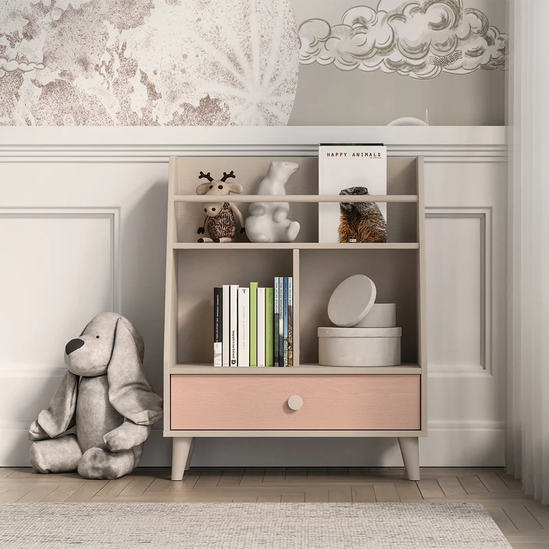 Petite bibliothèque 1 tiroir Alycia Beige et Rose