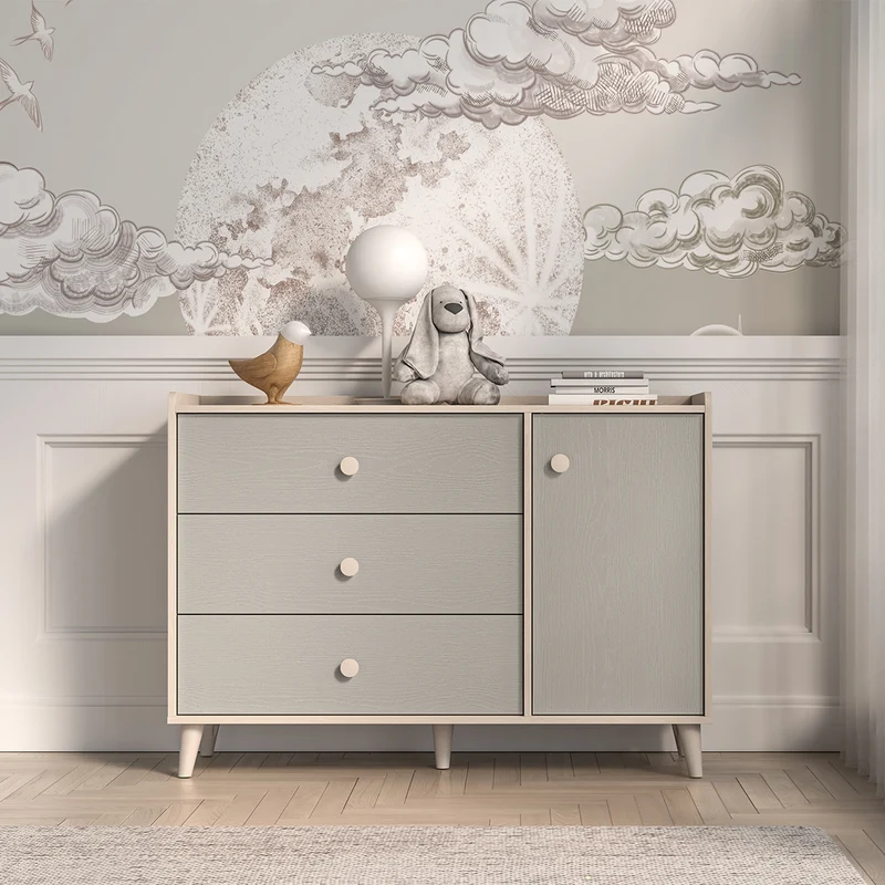 Commode 1 porte 3 tiroirs Alycia Beige et Gris