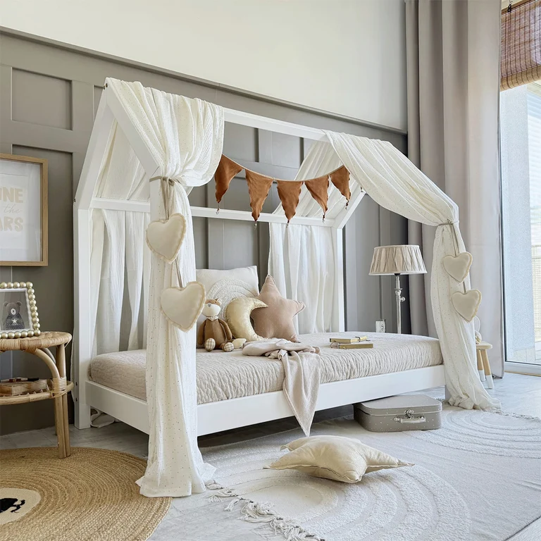 Ciel de lit en mousseline double pour 90x190 Blanc et or