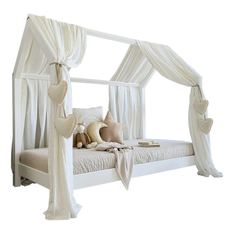 Ciel de lit en mousseline double pour 90x190 Blanc et or