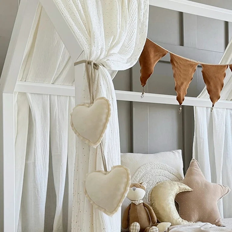 Ciel de lit en mousseline double pour 90x190 Blanc et or