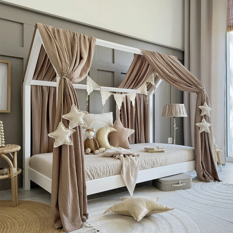 Ciel de lit en mousseline double pour 90x190 Marron et or
