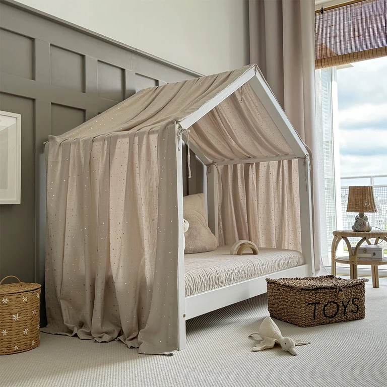 Ciel de lit en mousseline pour 90x190 Beige et argent