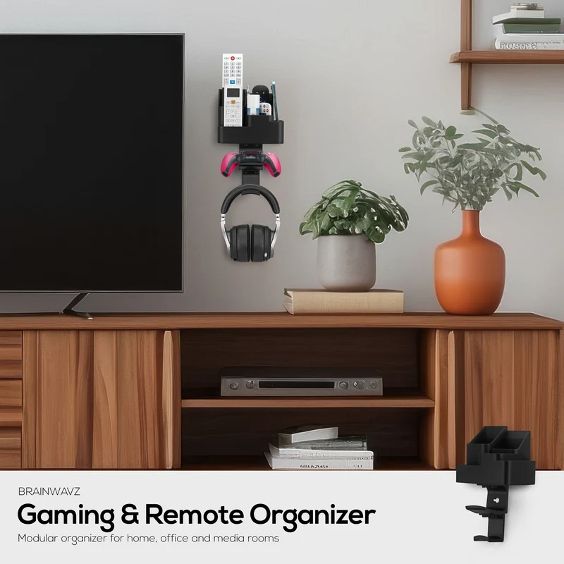 Organisateur mural pour télécommande et jeux – Support pour télécommande/téléphone portable avec supports amovibles pour casque et contrôleur
