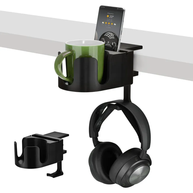 Porte-gobelet de bureau avec support pour casque et téléphone, support pour stylo et papeterie - Pince réglable, s'installe sur les bureaux et les tables, peut contenir des tasses et des tasses jusqu'à 10 cm de diamètre