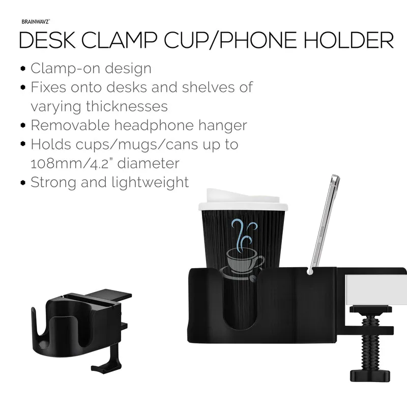 Porte-gobelet de bureau avec support pour casque et téléphone, support pour stylo et papeterie - Pince réglable, s'installe sur les bureaux et les tables, peut contenir des tasses et des tasses jusqu'à 10 cm de diamètre